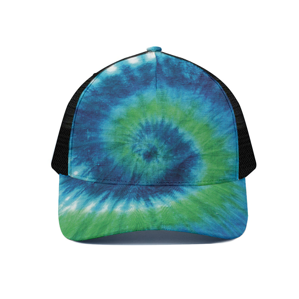 Blue Green And White Tie Dye Print Black Mesh Trucker Cap