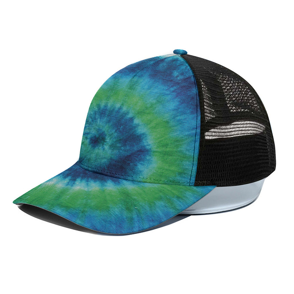 Blue Green And White Tie Dye Print Black Mesh Trucker Cap