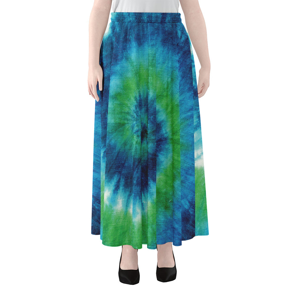 Blue Green And White Tie Dye Print Chiffon Maxi Skirt