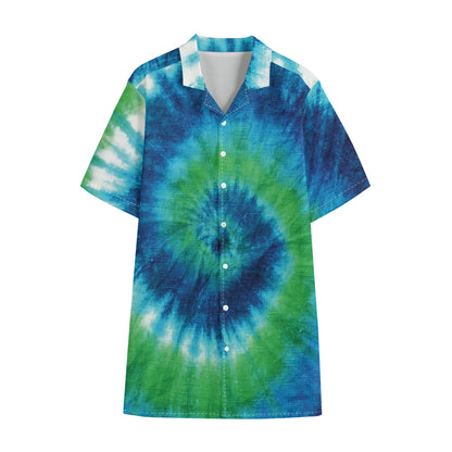 Blue Green And White Tie Dye Print Cotton Hawaiian Shirt