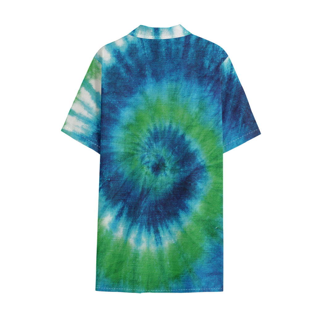 Blue Green And White Tie Dye Print Cotton Hawaiian Shirt