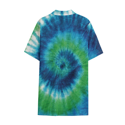 Blue Green And White Tie Dye Print Cotton Hawaiian Shirt