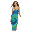 Blue Green And White Tie Dye Print Cross Back Cami Dress