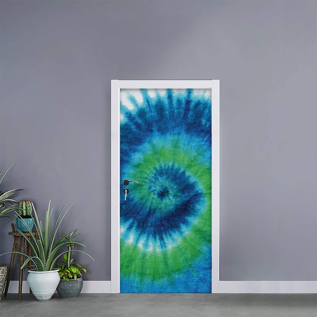 Blue Green And White Tie Dye Print Door Sticker