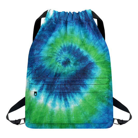 Blue Green And White Tie Dye Print Drawstring Backpack