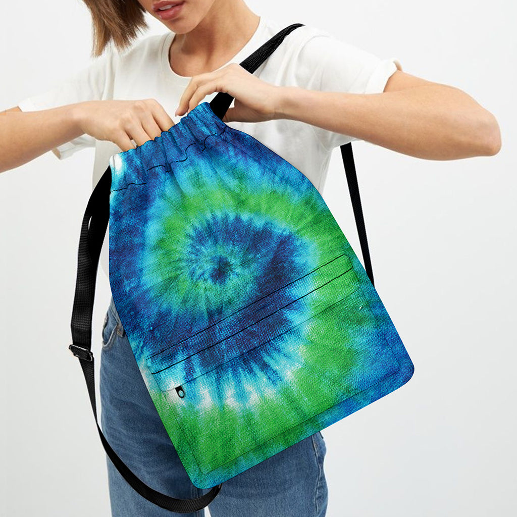 Blue Green And White Tie Dye Print Drawstring Backpack