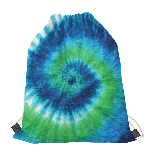 Blue Green And White Tie Dye Print Drawstring Bag