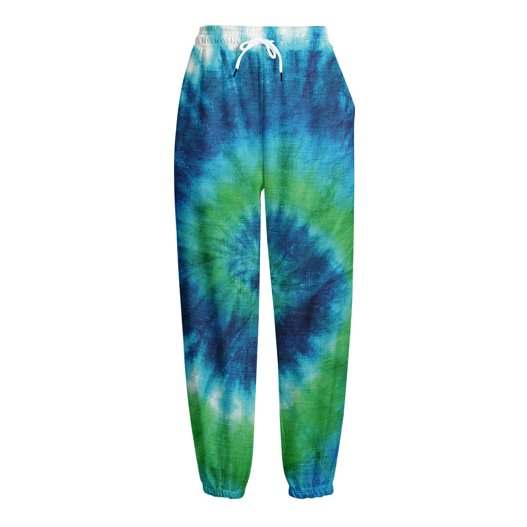 Blue Green And White Tie Dye Print Fleece Lined Knit Pants