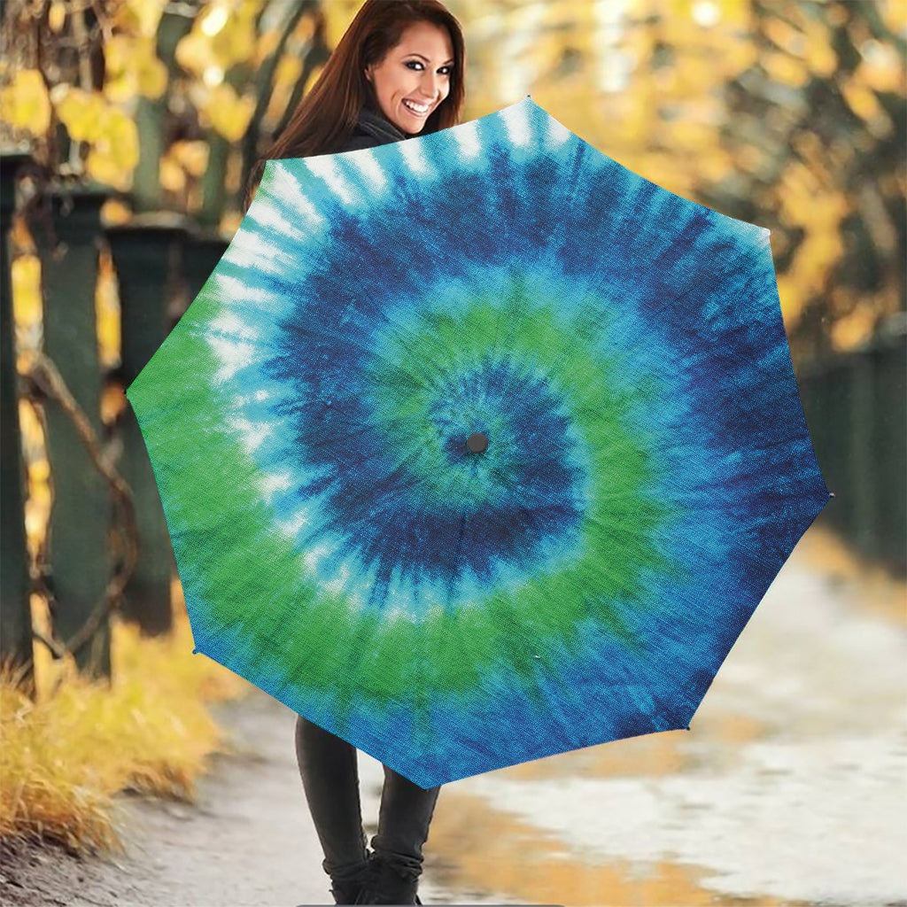 Blue Green And White Tie Dye Print Foldable Umbrella