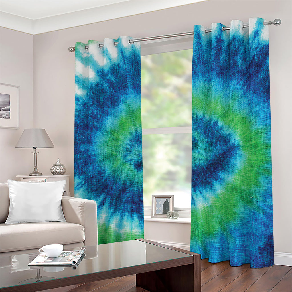 Blue Green And White Tie Dye Print Grommet Curtains