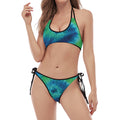 Blue Green And White Tie Dye Print Halter Scoop Tie Side Bikini