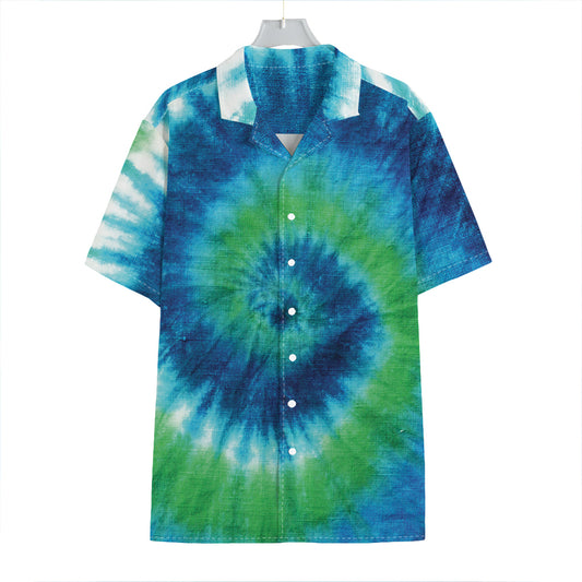 Blue Green And White Tie Dye Print Hawaiian Shirt