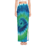 Blue Green And White Tie Dye Print High Slit Maxi Skirt