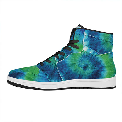 Blue Green And White Tie Dye Print High Top Leather Sneakers