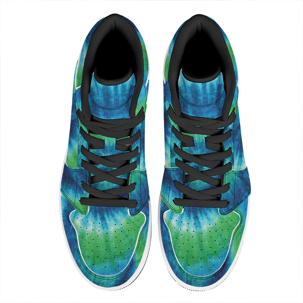 Blue Green And White Tie Dye Print High Top Leather Sneakers