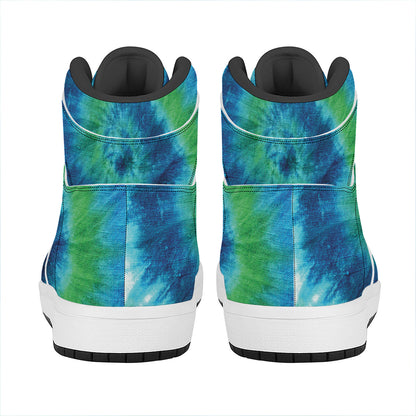 Blue Green And White Tie Dye Print High Top Leather Sneakers