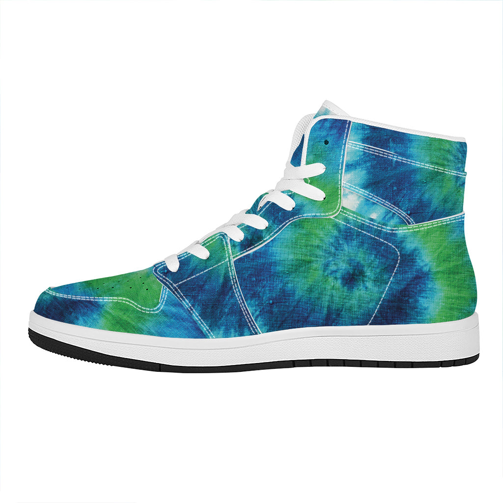 Blue Green And White Tie Dye Print High Top Leather Sneakers