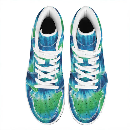 Blue Green And White Tie Dye Print High Top Leather Sneakers