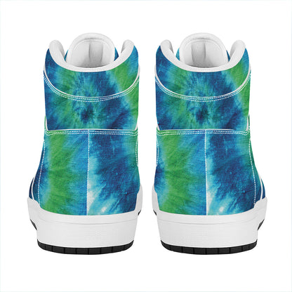 Blue Green And White Tie Dye Print High Top Leather Sneakers