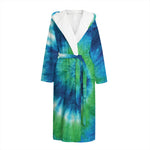 Blue Green And White Tie Dye Print Hooded Bathrobe