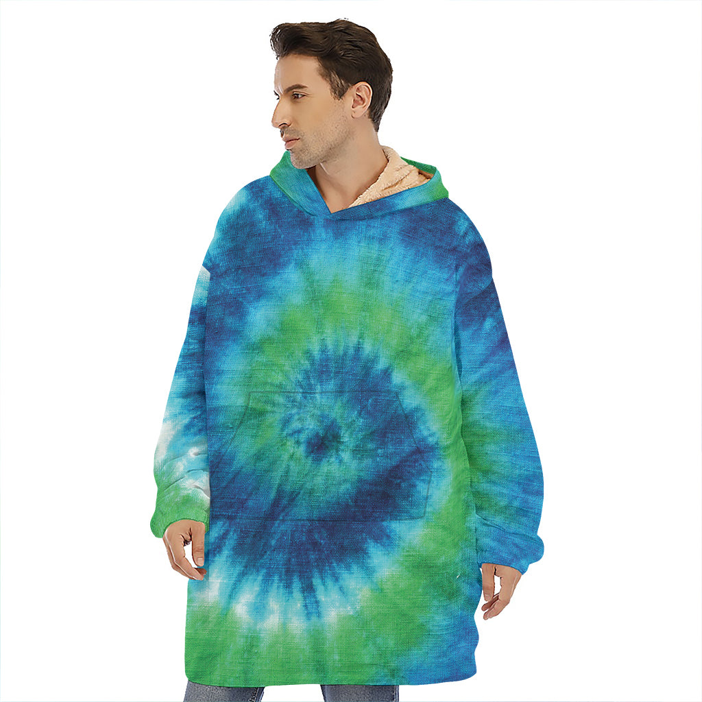Blue Green And White Tie Dye Print Hoodie Blanket