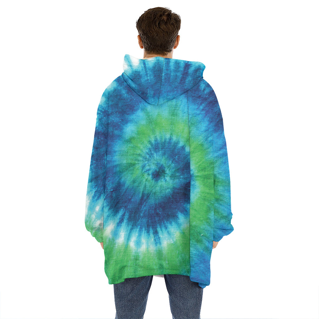 Blue Green And White Tie Dye Print Hoodie Blanket