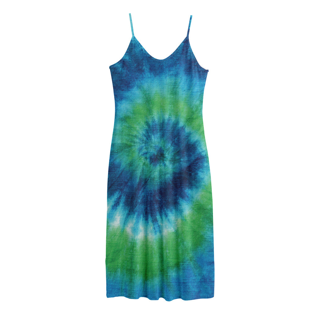 Blue Green And White Tie Dye Print Jersey Midi Cami Dress