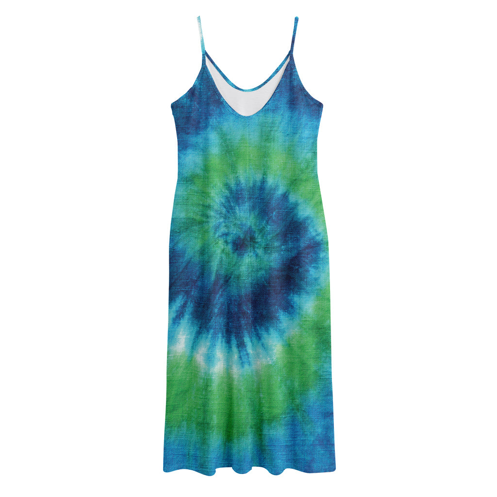 Blue Green And White Tie Dye Print Jersey Midi Cami Dress