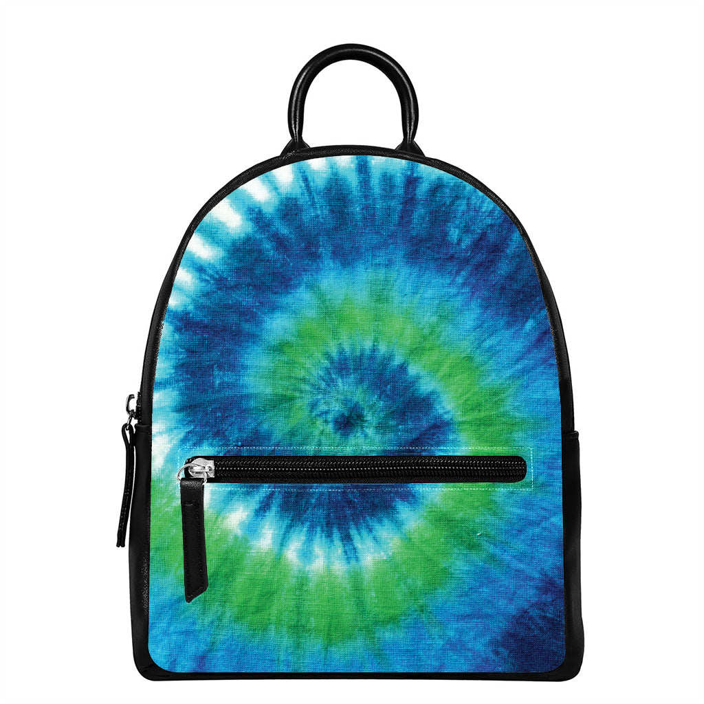 Blue Green And White Tie Dye Print Leather Backpack
