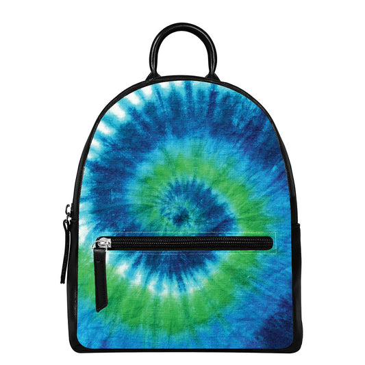 Blue Green And White Tie Dye Print Leather Backpack