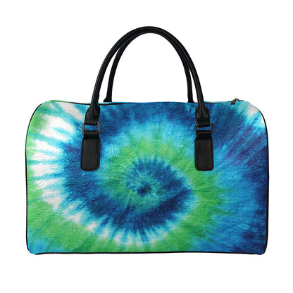 Blue Green And White Tie Dye Print Leather Duffle Bag