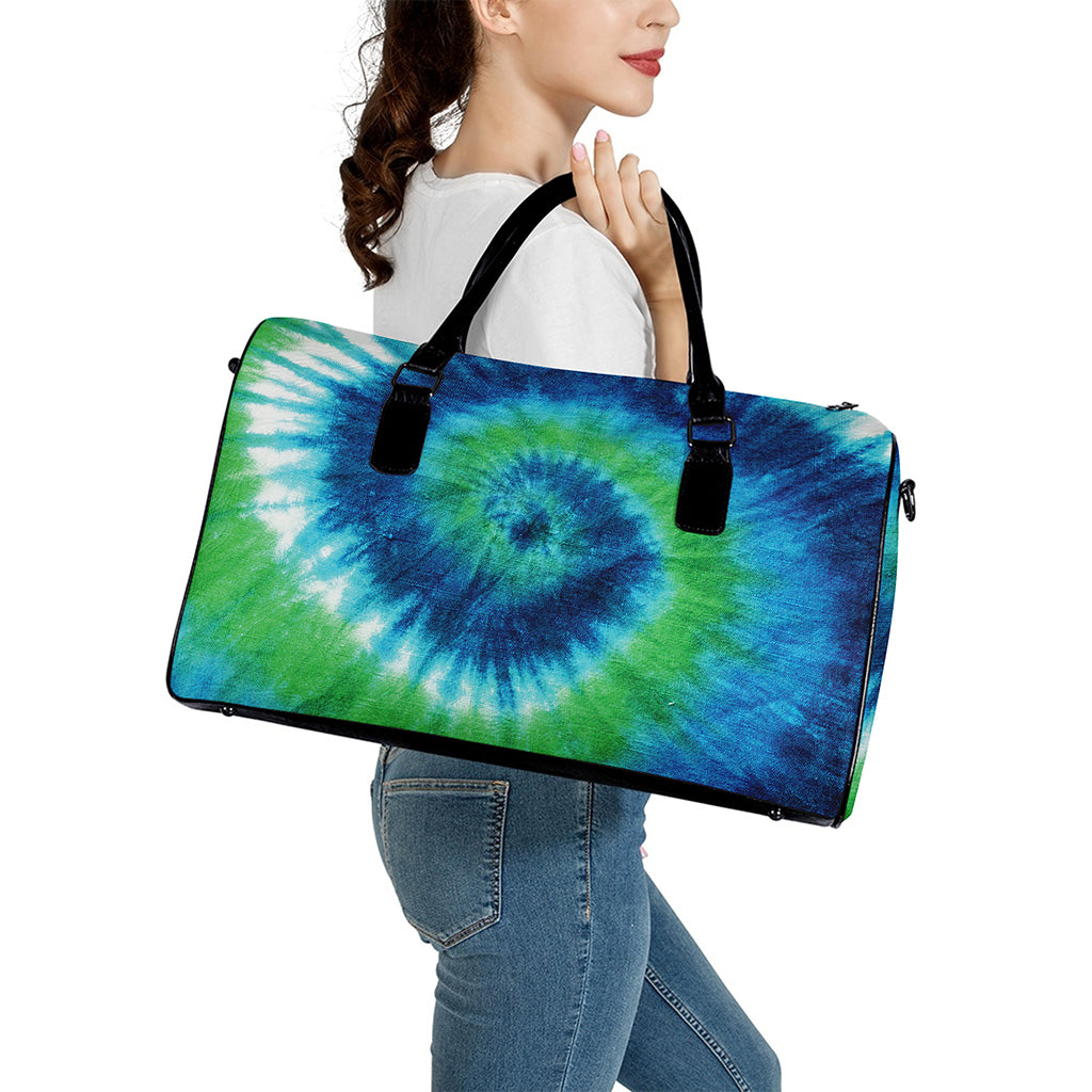 Blue Green And White Tie Dye Print Leather Duffle Bag