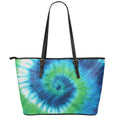 Blue Green And White Tie Dye Print Leather Tote Bag With Zipper