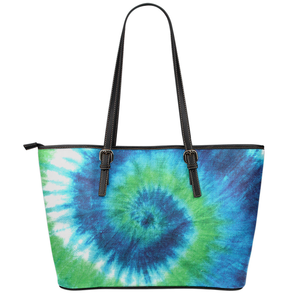 Blue Green And White Tie Dye Print Leather Tote Bag