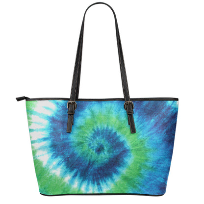 Blue Green And White Tie Dye Print Leather Tote Bag