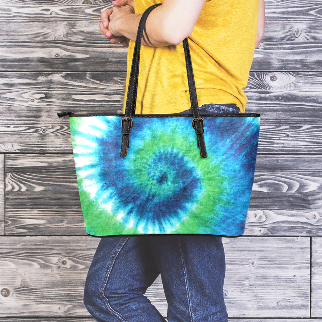 Blue Green And White Tie Dye Print Leather Tote Bag
