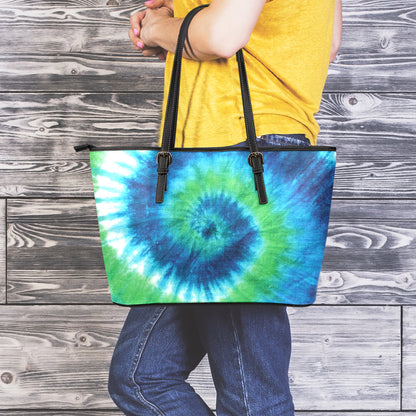 Blue Green And White Tie Dye Print Leather Tote Bag