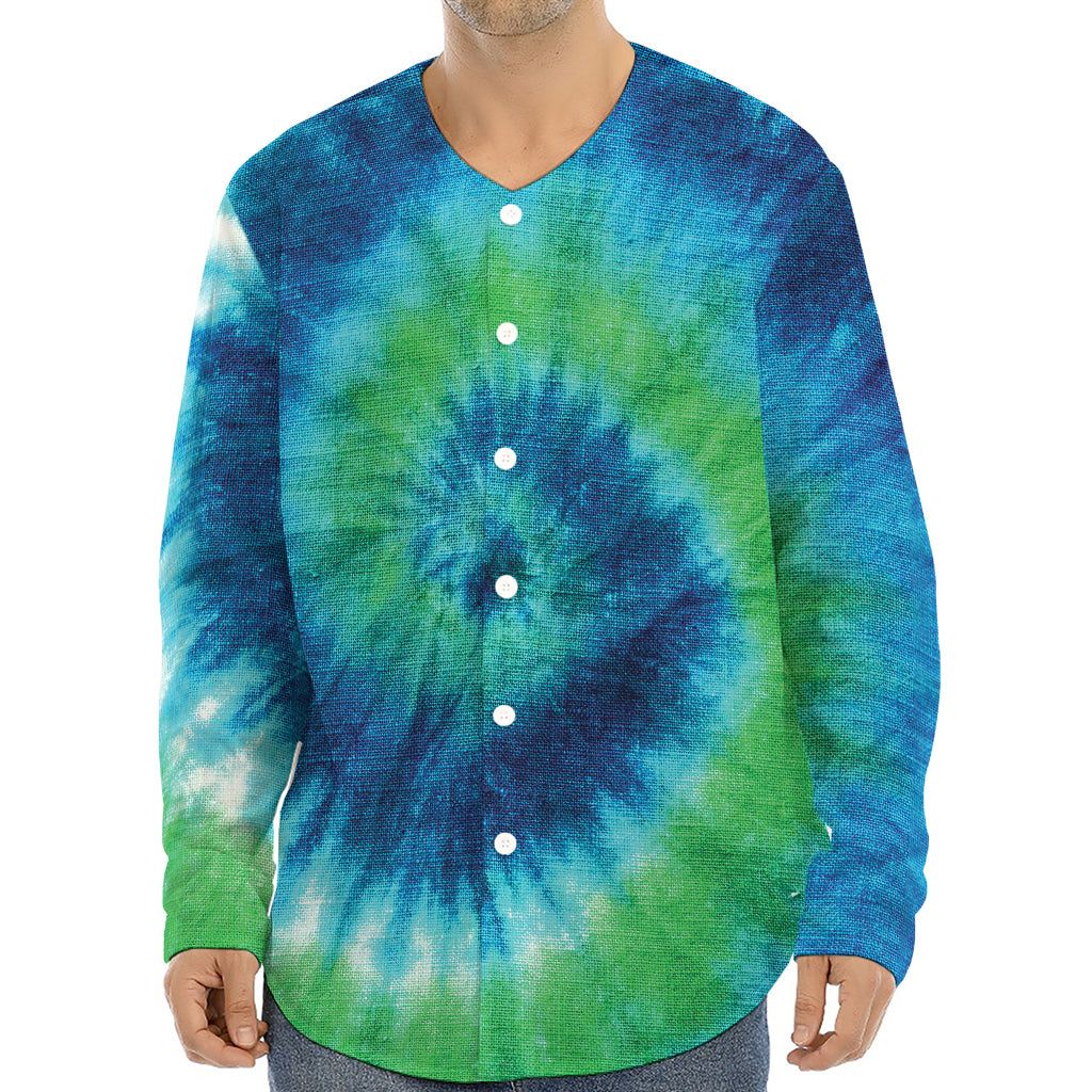 Blue Green And White Tie Dye Print Long Sleeve Baseball Jersey