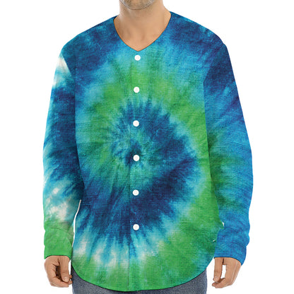 Blue Green And White Tie Dye Print Long Sleeve Baseball Jersey
