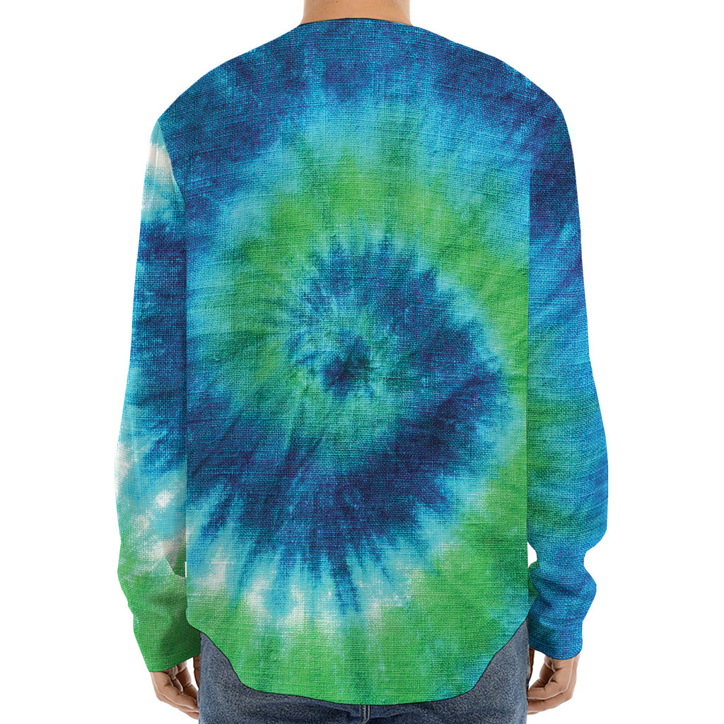 Blue Green And White Tie Dye Print Long Sleeve Baseball Jersey