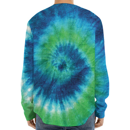 Blue Green And White Tie Dye Print Long Sleeve Baseball Jersey