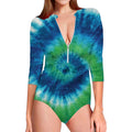 Blue Green And White Tie Dye Print Long Sleeve Swimsuit