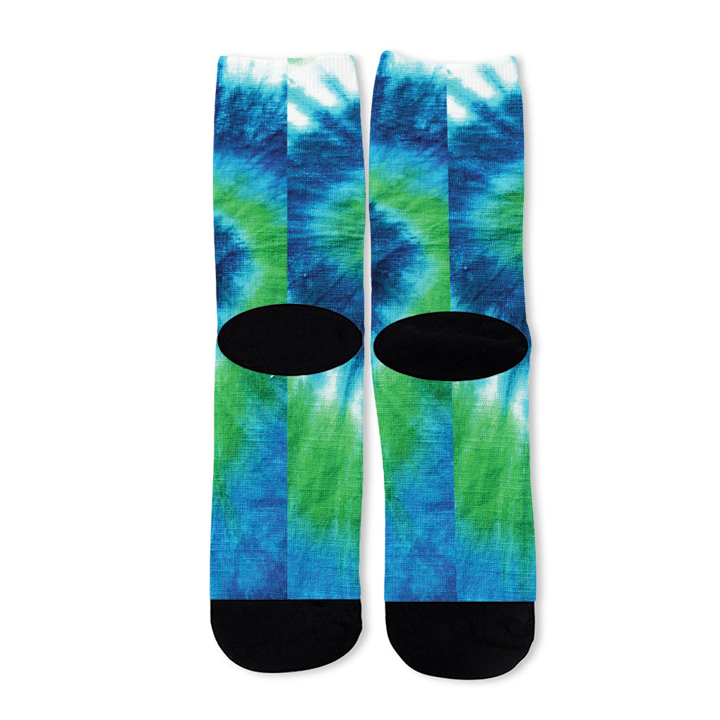 Blue Green And White Tie Dye Print Long Socks