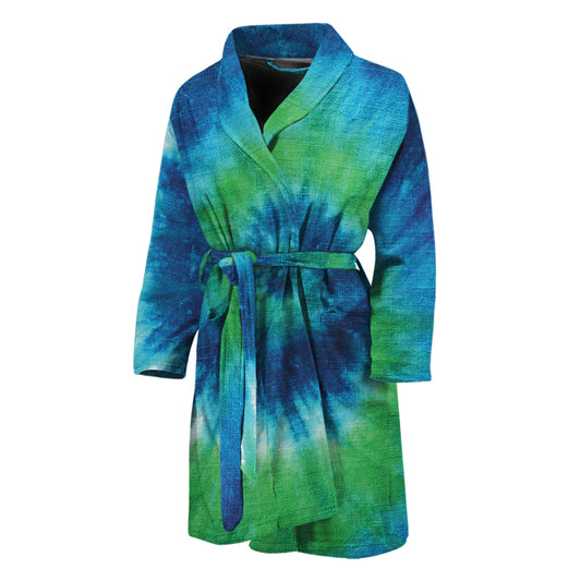 Blue Green And White Tie Dye Print Men's Bathrobe