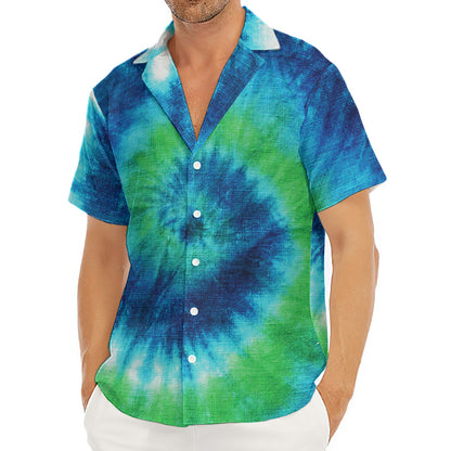 Blue Green And White Tie Dye Print Men's Deep V-Neck Shirt