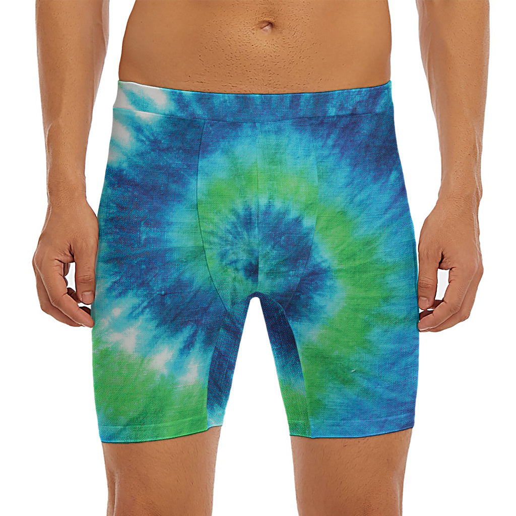 Blue Green And White Tie Dye Print Men's Long Boxer Briefs
