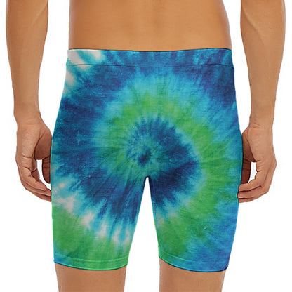Blue Green And White Tie Dye Print Men's Long Boxer Briefs