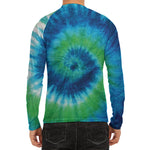 Blue Green And White Tie Dye Print Men's Long Sleeve Rash Guard