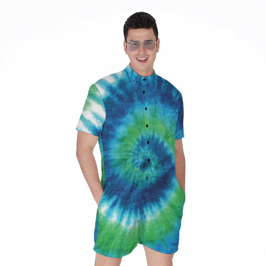 Blue Green And White Tie Dye Print Men's Rompers
