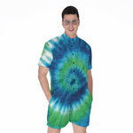 Blue Green And White Tie Dye Print Men's Rompers